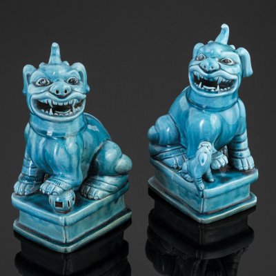 Купить Парные статуэтки "Собаки Фу", керамика, голубая глазурь, Китайская империя, 1900-1910 гг.