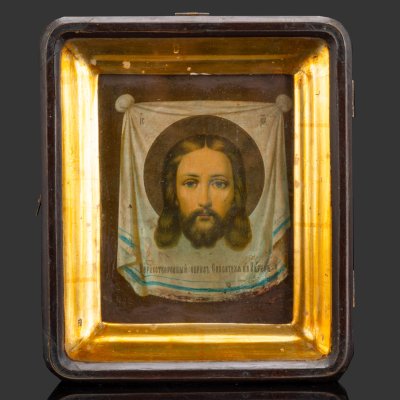 купить Икона в киоте "Спас Нерукотворный", ("Спас на убрусе"), Фабрика "Жако и Бонакер", дерево, жесть, хромолитография, стекло, ткань, Российская империя, 1897-1915 гг.