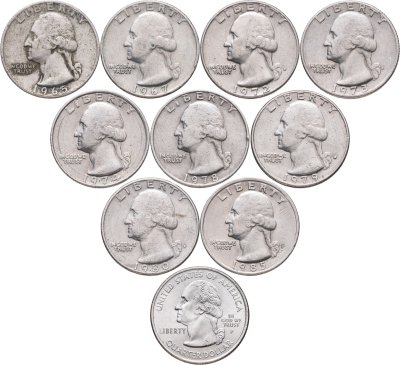 купить США набор из 10 монет 25 центов (квотер, 1/4 доллара, quarter dollar) 1965-2005