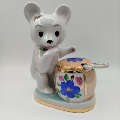 купить Сахарница "Мишка с бочонком меда", фарфор, роспись, золочение, Дулевский фарфоровый завод (Дулёво), Российская Федерация, 1993 г.