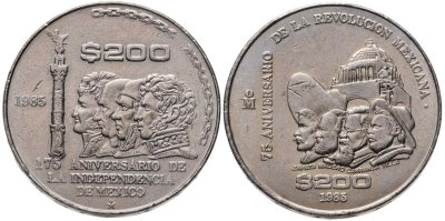 купить Мексика набор из двух юбилейных монет 200 песо (pesos) 1985 75 лет Революции и 175 лет Независимости