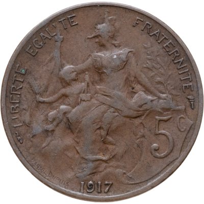 купить Франция 5 сантимов (centimes) 1917 Без отверстия в центре
