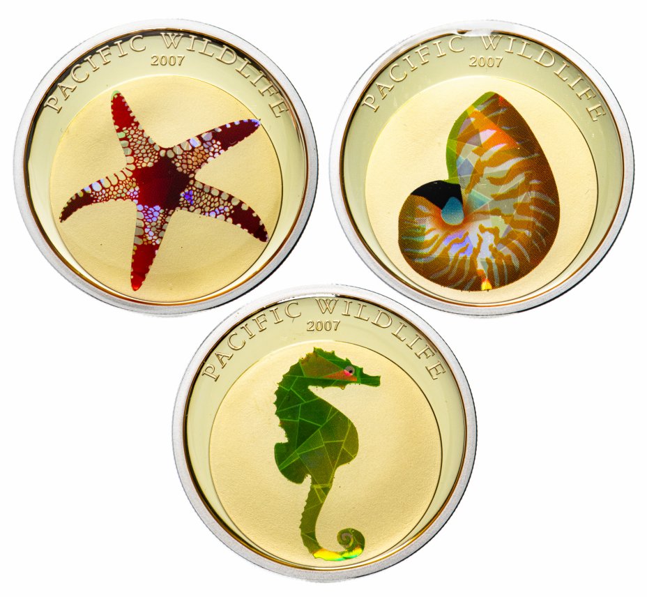 купить Палау 5 долларов 2007 набор из 3х монет "Морская жизнь"