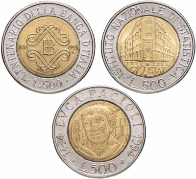 купить Италия набор из 3х юбилейных монет 500 лир 1993-1996
