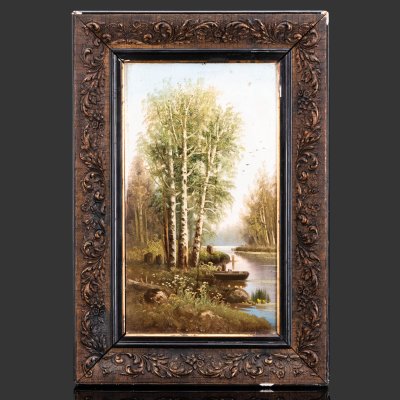 купить Картина "Пейзаж с березами, водоемом и лодкой", оформленная в раму, неизвестный художник, дерево, фанера, масло, Россия, 1900-1940 гг.
