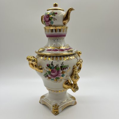 купить Самовар декоративный с заварочным чайничком с олимпийской символикой (в подборе), фарфор, роспись, золочение, Объединение «Гжель», СССР, 1979-1980 гг.