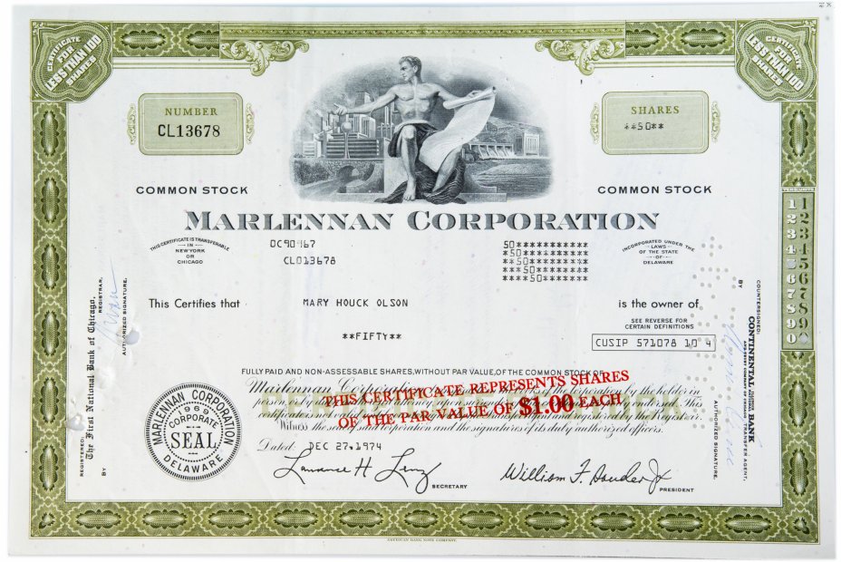 купить Акция США MarlennanCorporation 1974