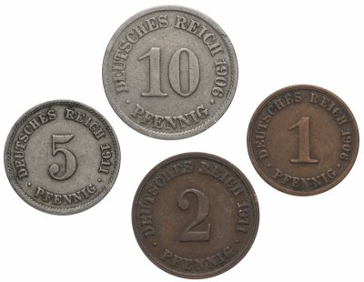 купить Германская Империя набор из 4-х монет 1, 2, 5 и 10 пфеннигов (pfennig) 1890-1916, случайная дата