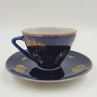 купить Пара кофейная с цветочным декором, форма "Утро", фарфор, крытье кобальтом, золочение, Ленинградский фарфоровый завод (ЛФЗ), СССР, 1960-1992 гг.