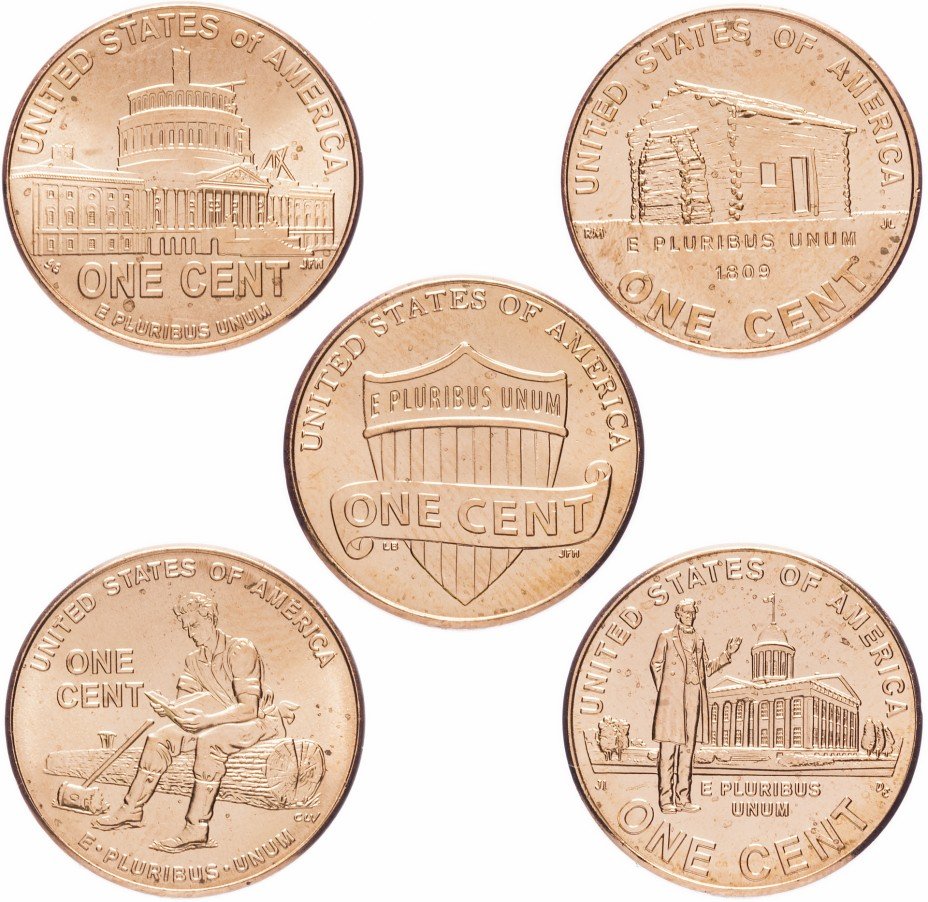 купить США набор из 5 монет: центы 2009 года "200 лет со дня рождения Линкольна" и 1 цент 2014 года