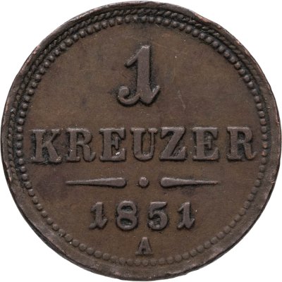 купить Австрия 1 крейцер (kreuzer) 1851, знак монетного двора "A" - Вена