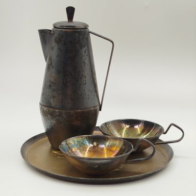 купить Набор кофейный на 2 персоны (4 предмета), мельхиор (медь-никель), золочение, Мстерская художественная фабрика «Ювелир», СССР, 1960-1970 гг.