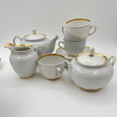 купить Сервиз чайный с лаконичным декором на 4 персоны (12 предметов), фарфор, золочение, Дмитровский фарфоровый завод (ДФЗ Вербилки), СССР, 1954-1965 гг.
