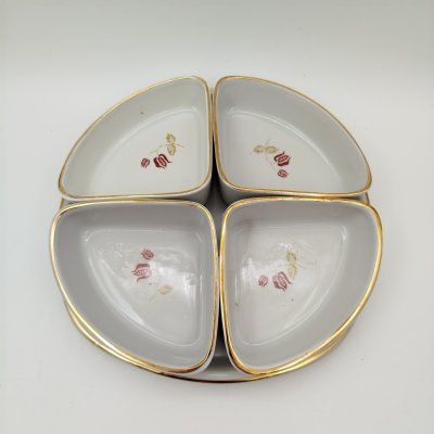 купить Менажница четырехсекционная с цветочным декором, фарфор, деколь, золочение, Рижский фарфорово-фаянсовый завод, СССР, 1960-1980 гг.