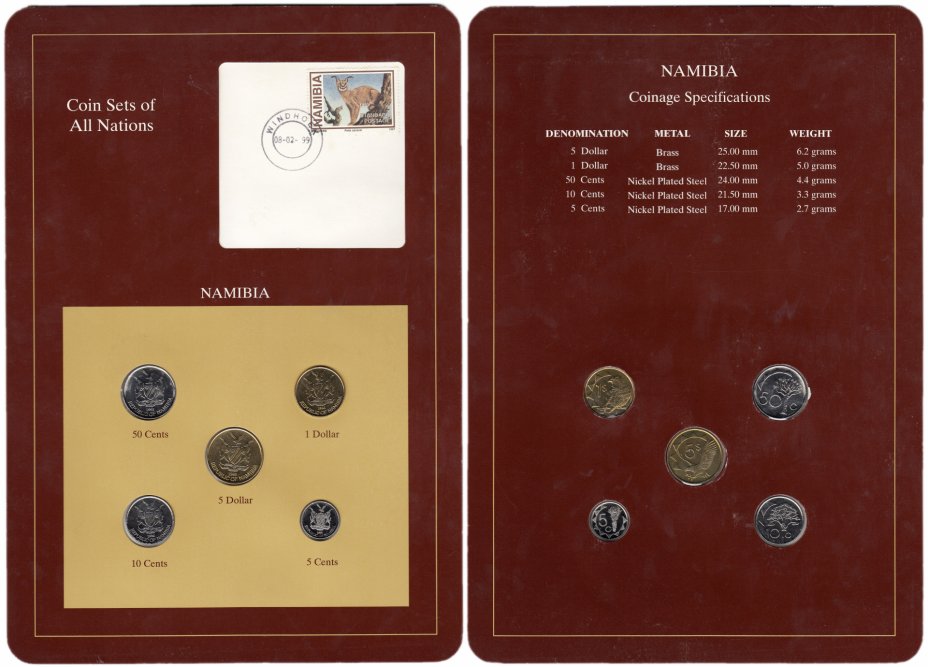 купить Серия "Наборы монет всех стран мира" - Намибия (набор из 5 монет и 1 марки в буклете)
