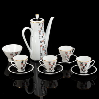 купить Сервиз кофейный с минималистичным орнаментом на 4 персоны (10 предметов), фарфор, крытье, деколь, золочение, Freiberger Porzellan, ГДР, 1960-1990 гг.