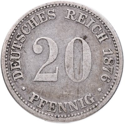 купить Германская империя 20 пфеннигов (pfennig) 1876, знак монетного двора: "J" - Гамбург