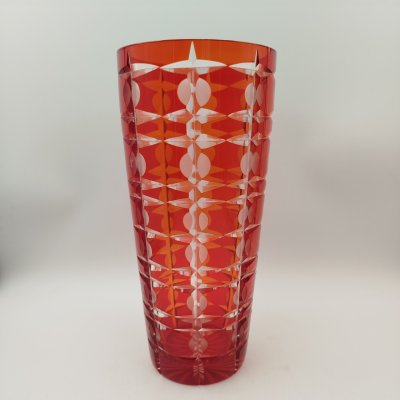 купить Ваза «Подарочная» оранжевого цвета с геометрическим декором, автор Новиков А.И., стекло, алмазная грань, Стекольный завод «Красный май», СССР, 1960-1980 гг.