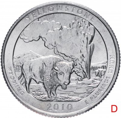 купить США 1/4 доллара (25 центов, квотер) 2010 D — "Йеллоустонский национальный парк" (2-й парк), знак монетного двора: "D" - Денвер