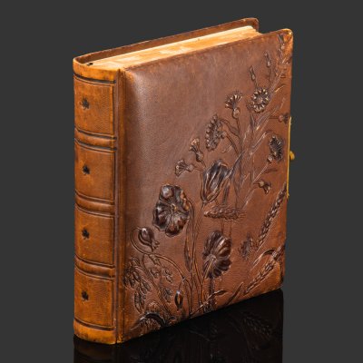 купить Фотоальбом с рельефным цветочным декором, фигурной застежкой и позолоченным обрезом, фирма "Ф. Трейманъ", латунь, кожа, картон, Российская империя, 1890-1920 гг.