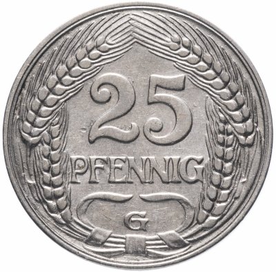 Купить Германия 25 пфеннигов (pfennig) 1909 G