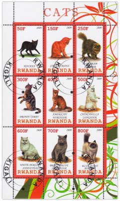 купить Руанда марки квартблок "Коты и кошки" 2009