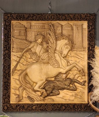 купить Панно "Изгнание беса", автор Константин Яковлевич Буцан (Народный мастер стран СНГ, член Евразийского Художественного Союза), дерево, липа, резьба, Российская Федерация, 2021 г.