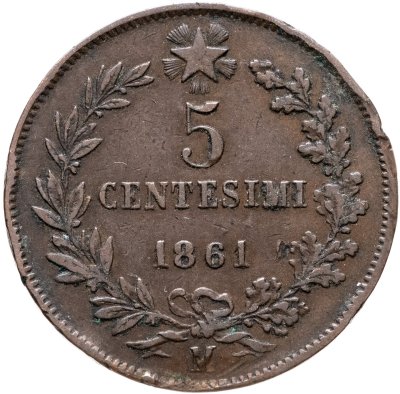 купить Италия 5 чентезимо (centesimi) 1861 M знак монетного двора: "M" - Милан