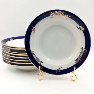 купить Набор из 9-ти суповых тарелок "Крыжовник", фарфор, крытье, золочение, Дулевский фарфоровый завод (Дулёво), СССР, 1968-1991 гг.