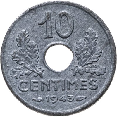 купить Франция 10 сантимов (centimes) 1943 новый тип: диаметр 17 мм