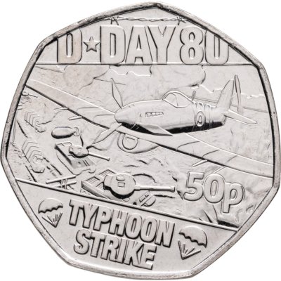 купить Гернси 50 пенсов 2024 « 80 лет высадке союзников в Нормандии (D-Day). Атака истребителей "Typhoon"»