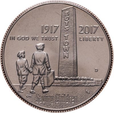 купить США 50 центов (1/2 доллара, half dollar) 2017 D 100 лет организации "Boys Town", знак монетного двора: "D" - Денвер, в буклете с маркой