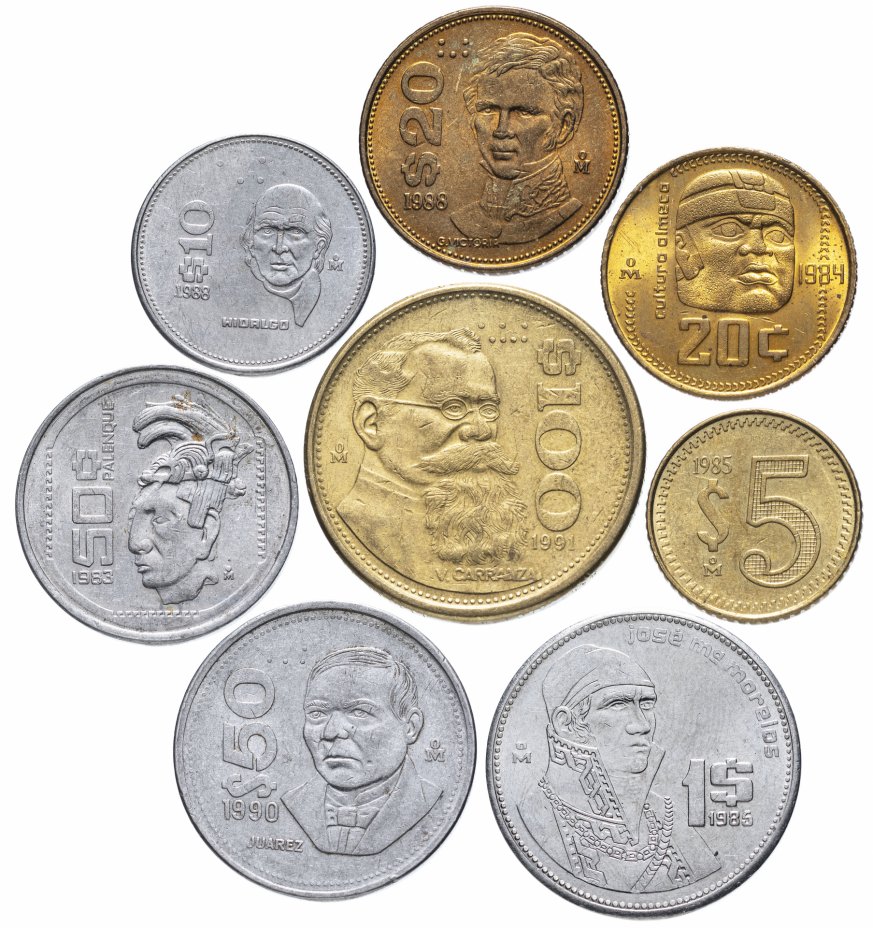 купить Мексика набор 8 шт 5, 20, 50 сентаво 1, 10, 20, 50,100 песо 1982 - 1987 года