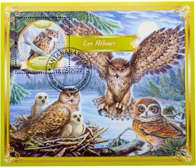 купить Мадагаскар марки квартблок "Фауна. Птицы. Совы" 2022