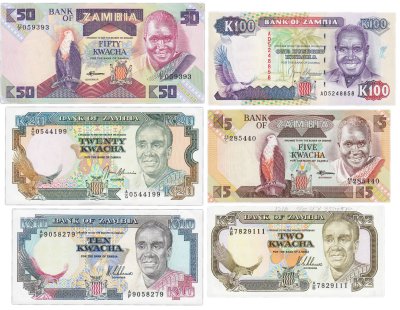 купить Замбия набор из 6 банкнот 2, 5, 10, 20, 50, 100 квача 1980-1988