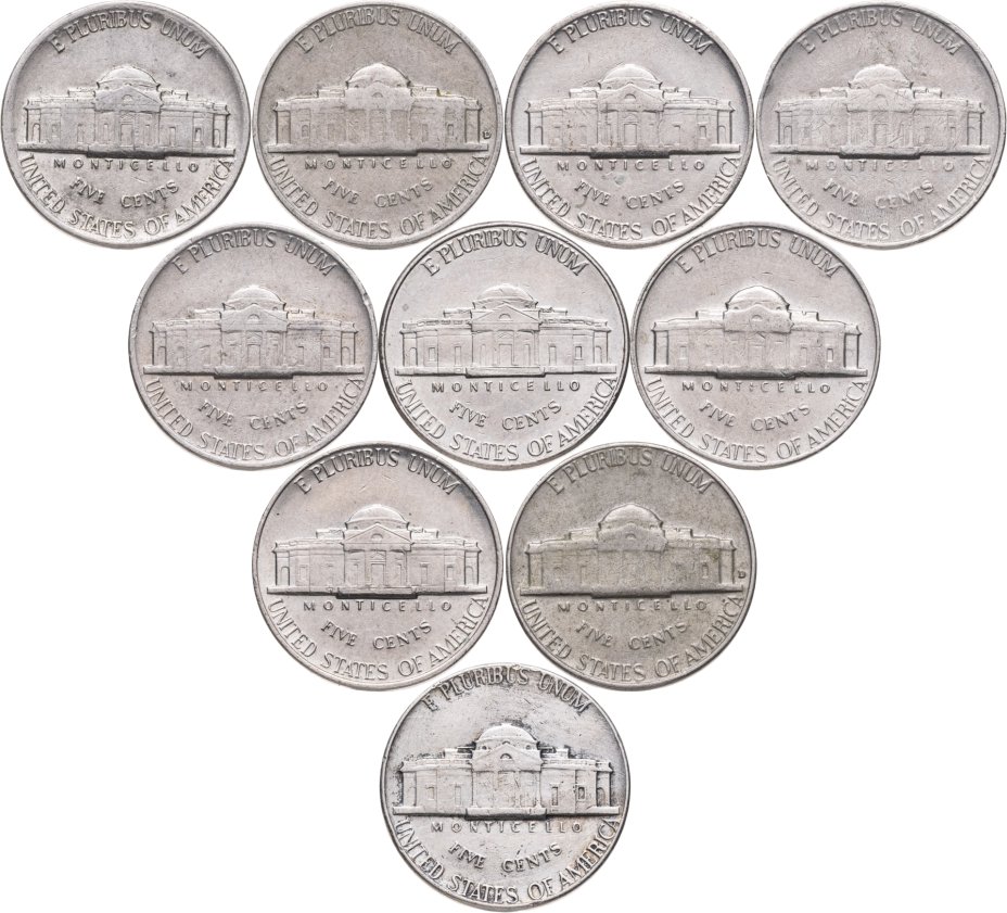 купить США набор из 10 монет 5 центов 1961-2000