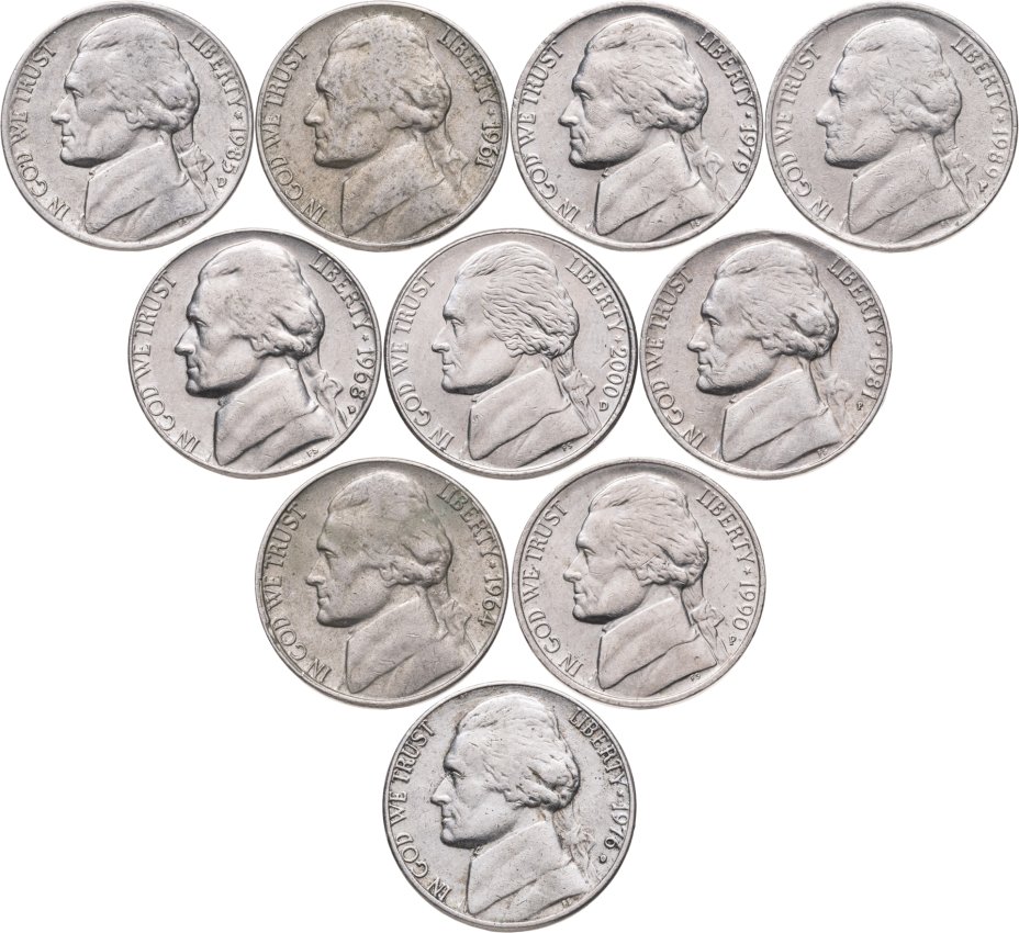 Купить США набор из 10 монет 5 центов 1961-2000