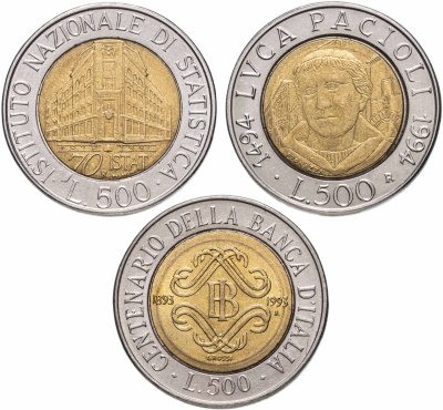 купить Италия набор из 3х юбилейных монет 500 лир 1993-1996