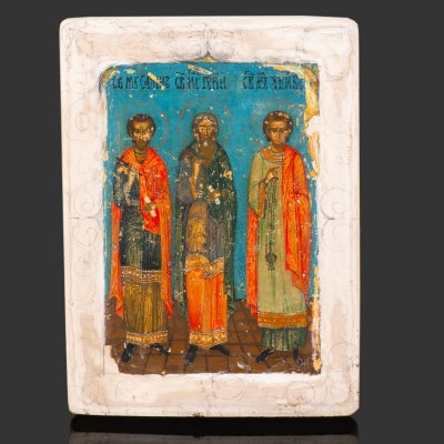 купить Икона "Святые мученики Гурий, Самон и Авив", дерево, темпера, дерево, темпера, Российская империя, 1800-1850 гг.