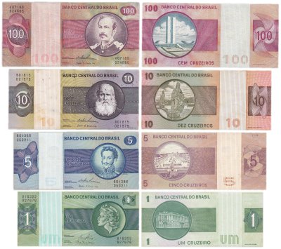 купить Бразилия набор из 4 банкнот 1, 5, 10, 100 крузейро 1975-1980