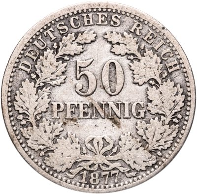 купить Германия 50 пфеннигов (pfennig) 1877, венок на аверсе, знак монетного двора: "A" - Берлин