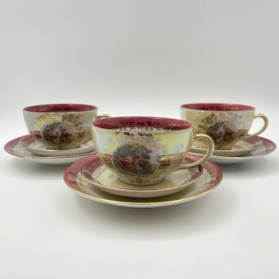 Купить Набор чайных трио из сервиза "Мадонна" (чашки, блюдца, розетки) на 3 персоны, фарфор, деколь, люстр, золочение, Fortuna Eisenberg, Германия, 1960-1973 гг.