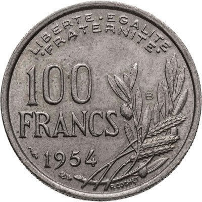 купить Франция 100 франков (francs) 1954 B знак монетного двора: "B" - Бомон-ле-Роже