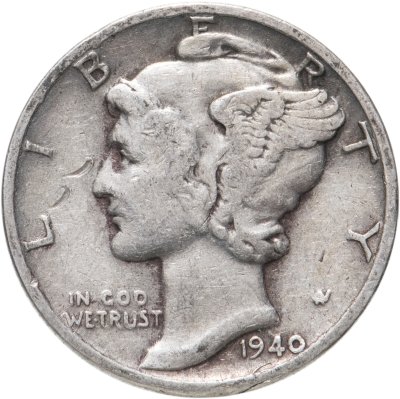 купить США 10 центов (дайм, one dime) 1940 Mercury Dime (дайм «Меркурий») без обозначения монетного двора