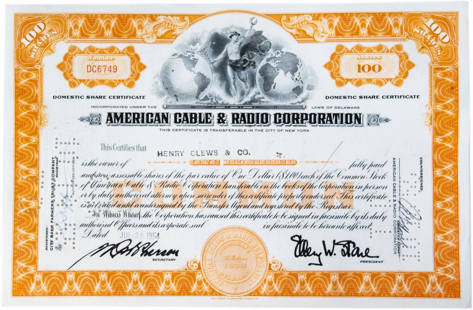 купить Акция США American Cable & Radio Corporation 1954- 1961 гг.