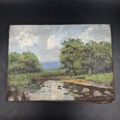 купить Картина "Летний пейзаж с водоемом", холст, масло, деревянный подрамник, Россия, 1980-2000 гг.