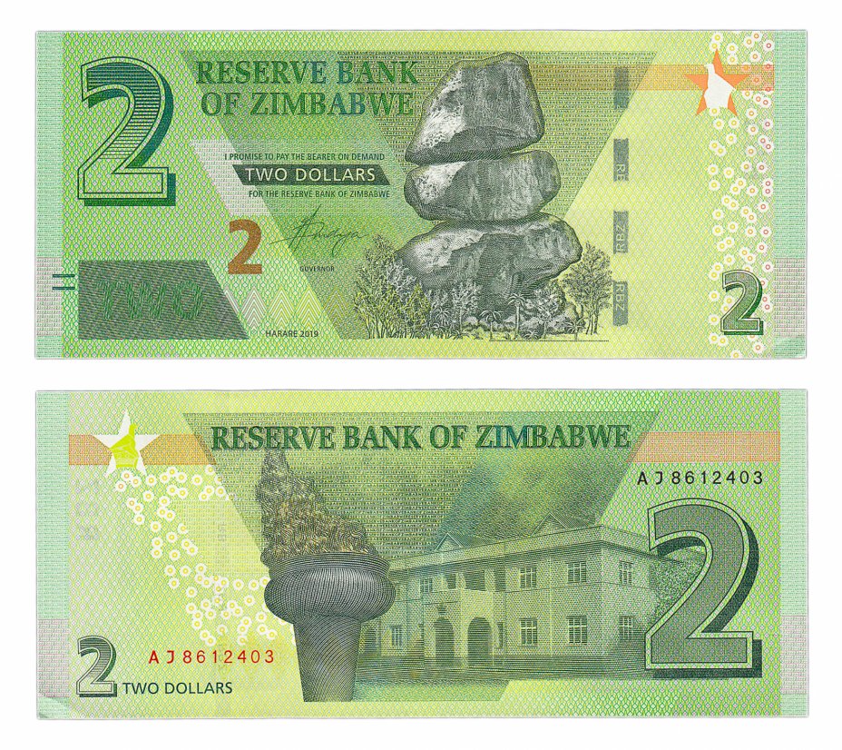 купить Зимбабве -2 доллара 2019 год "Балансирующие камни Чиремба - Парламент" P-101a UNC