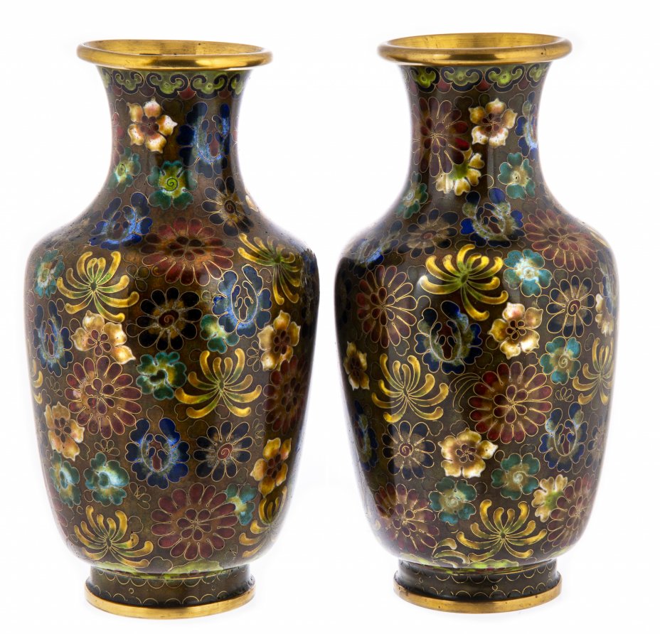 купить Парные вазы с цветочным декором в технике клуазоне, латунь, перегородчатая эмаль, Китай, 1960-1990 гг.