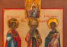 Купить Икона "Избранные Святые: Святой Андрей, Святые Чудотворцы и Бессребреники Косма и Дамиан", дерево, тепера, Российская империя, 1870-1890 гг.