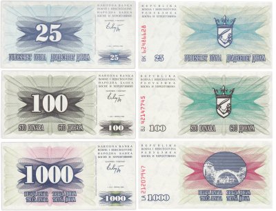 купить Босния и Герцеговина набор 25, 100 и 1000 динаров 1992